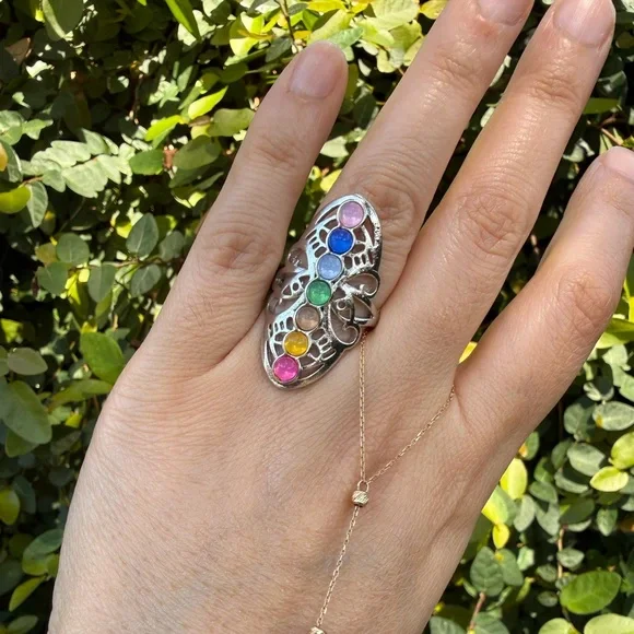 Multi-Gemstone Silver Tone Chakra Ring - Picture 6 of 7